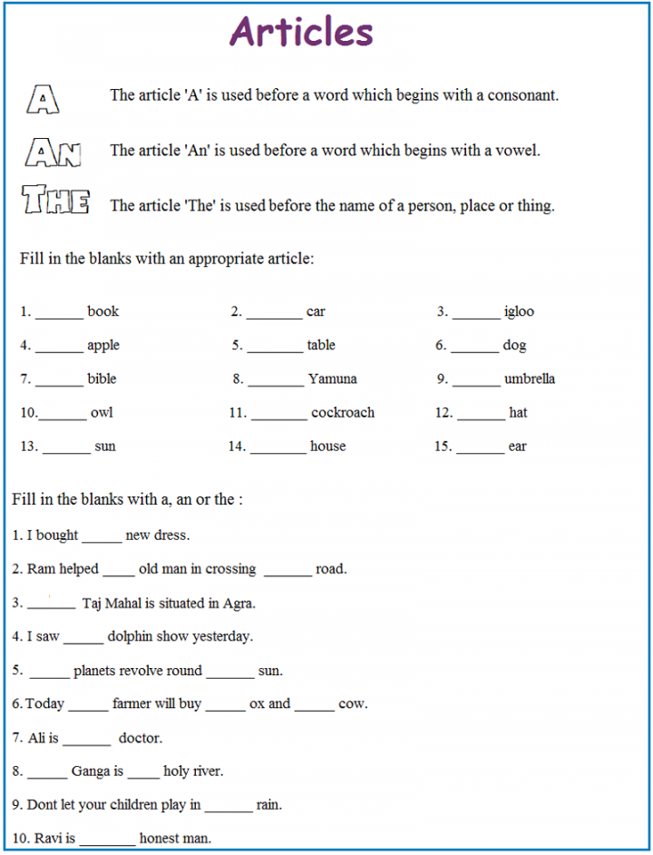 A and An Worksheets Free Printable for Beginner  Articles