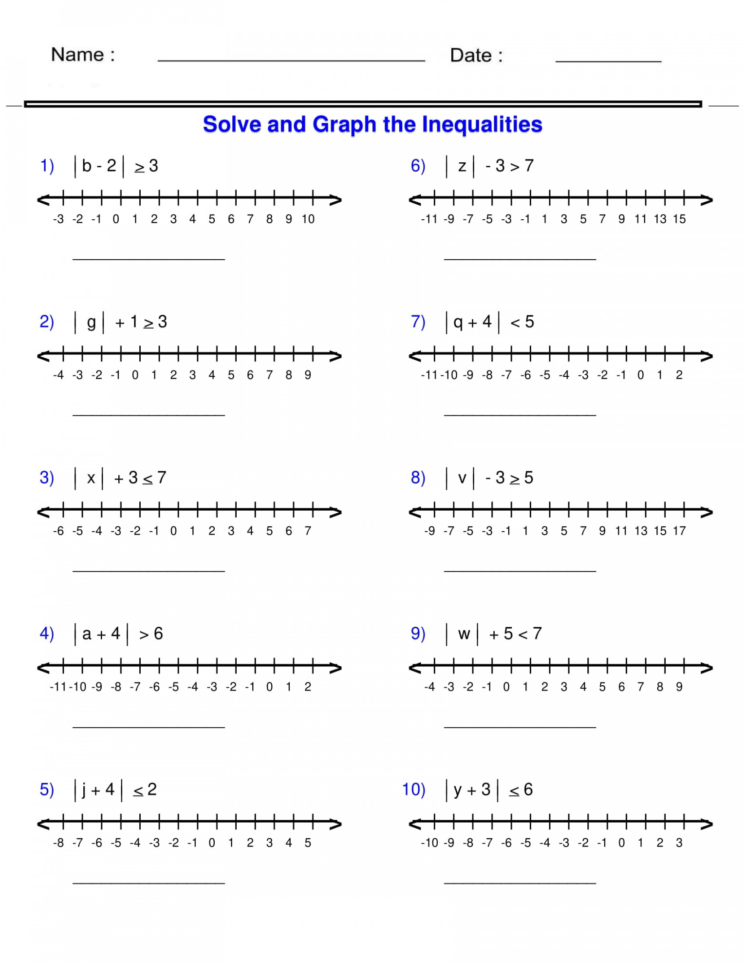 Absolute Value Inequalities - Algebra  - Inequalities Worksheets