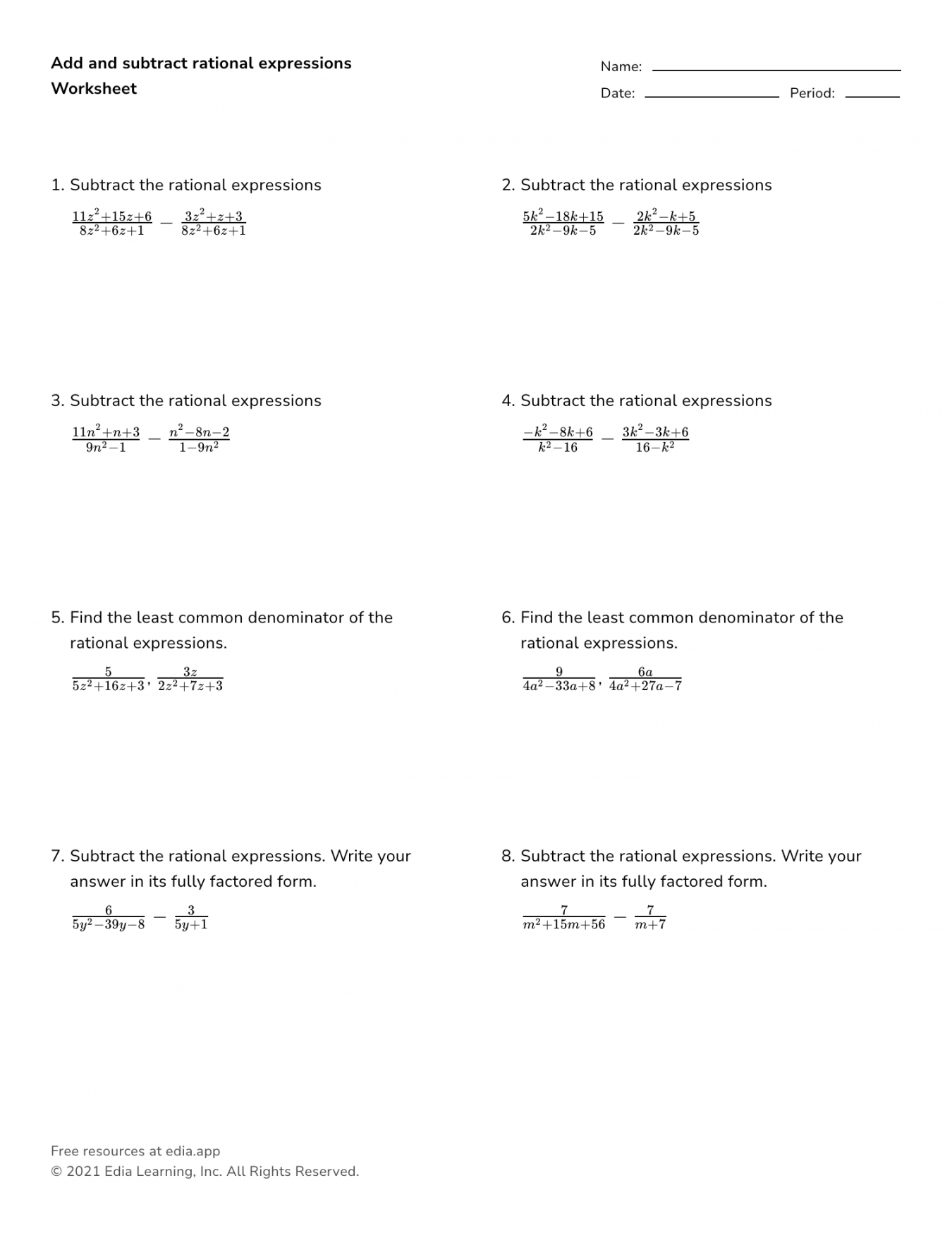 Add And Subtract Rational Expressions - Worksheet