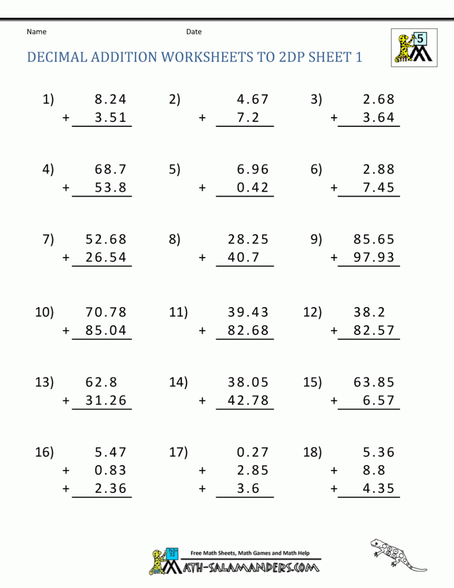 Adding Decimals Worksheet th Grade