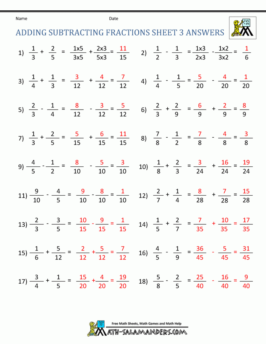 Adding Subtracting Fractions Worksheets