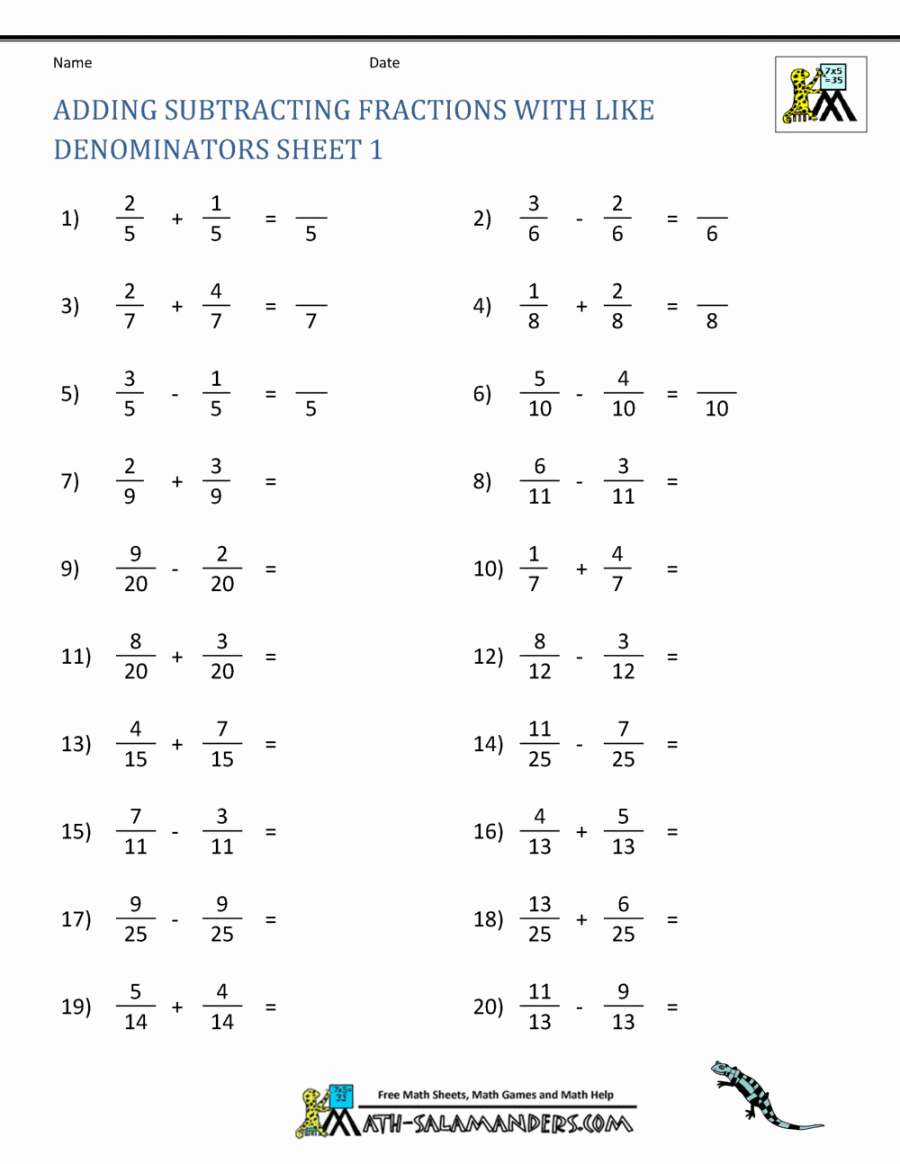 Adding Subtracting Fractions Worksheets