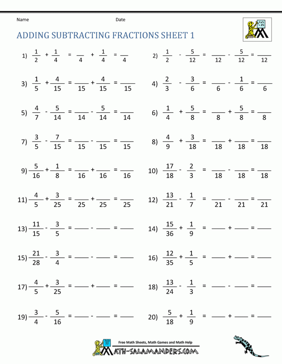 Adding Subtracting Fractions Worksheets