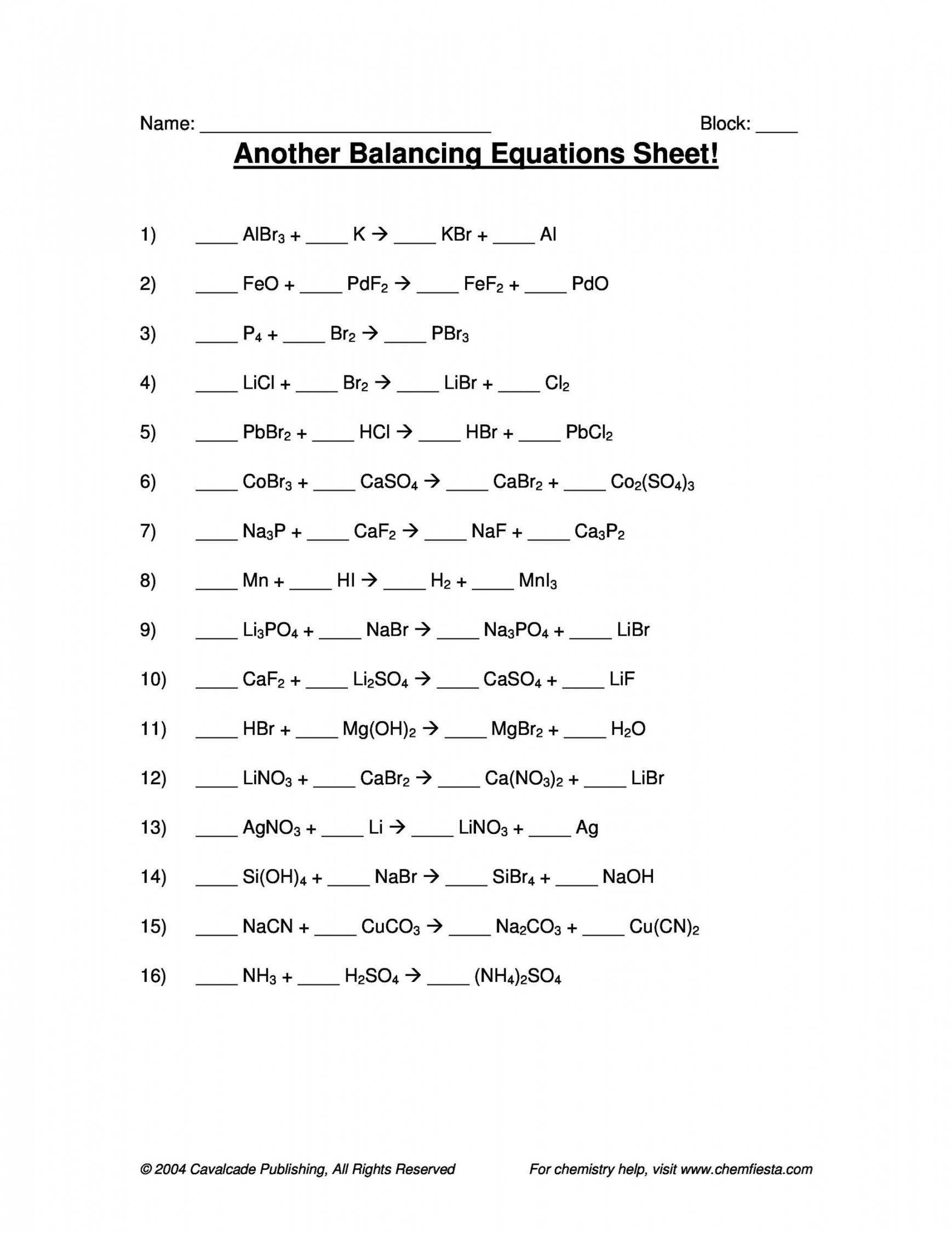 Balancing Chemical Equations Worksheets [with Answers]