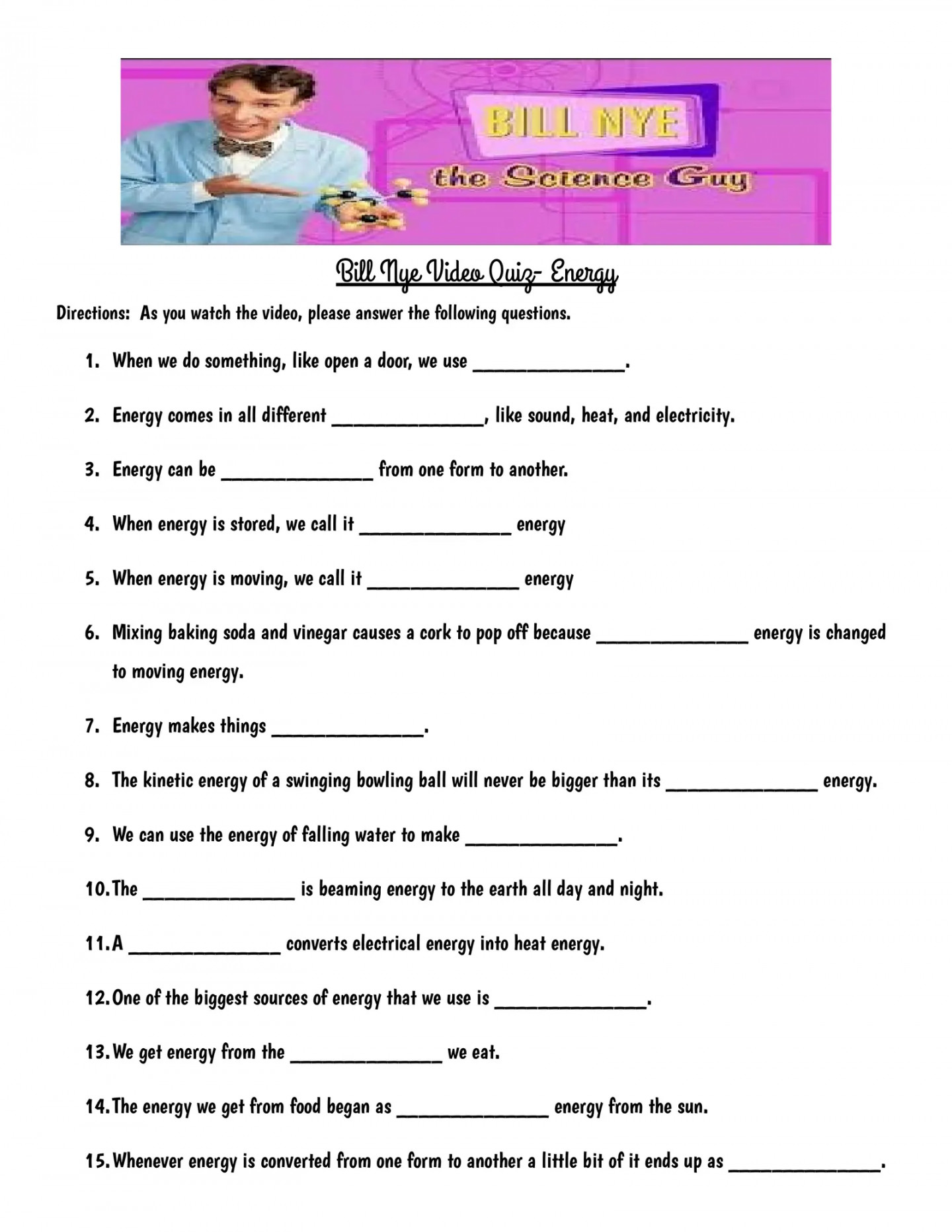 Bill Nye Video Quiz Energy Interactive Worksheet – Edform