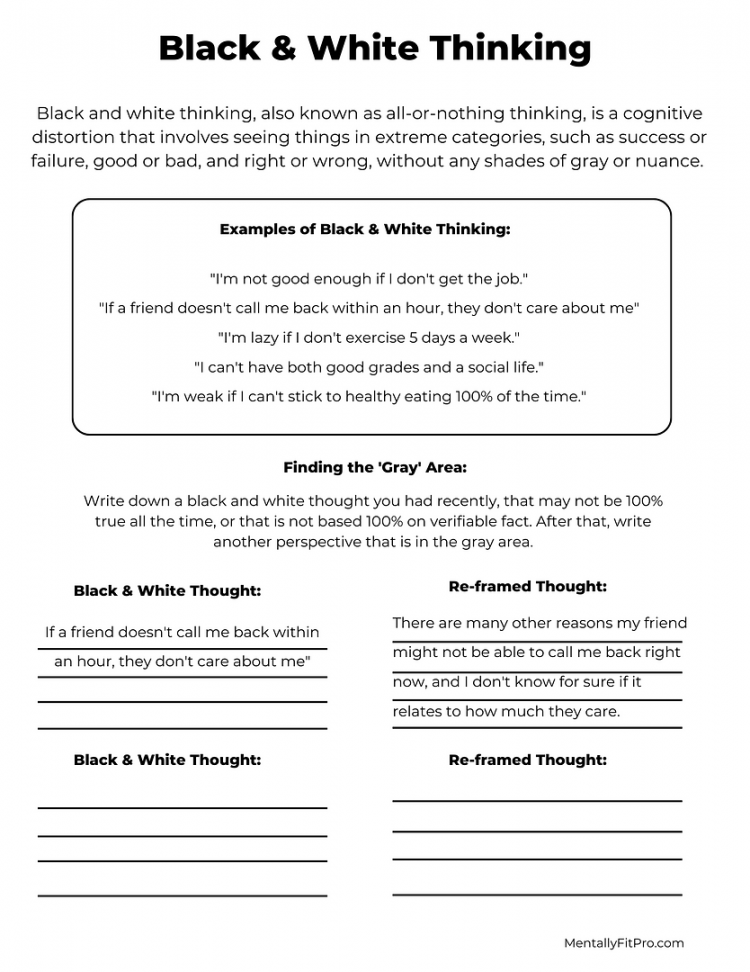 Black & White Thinking Worksheet  Mentally Fit Pro