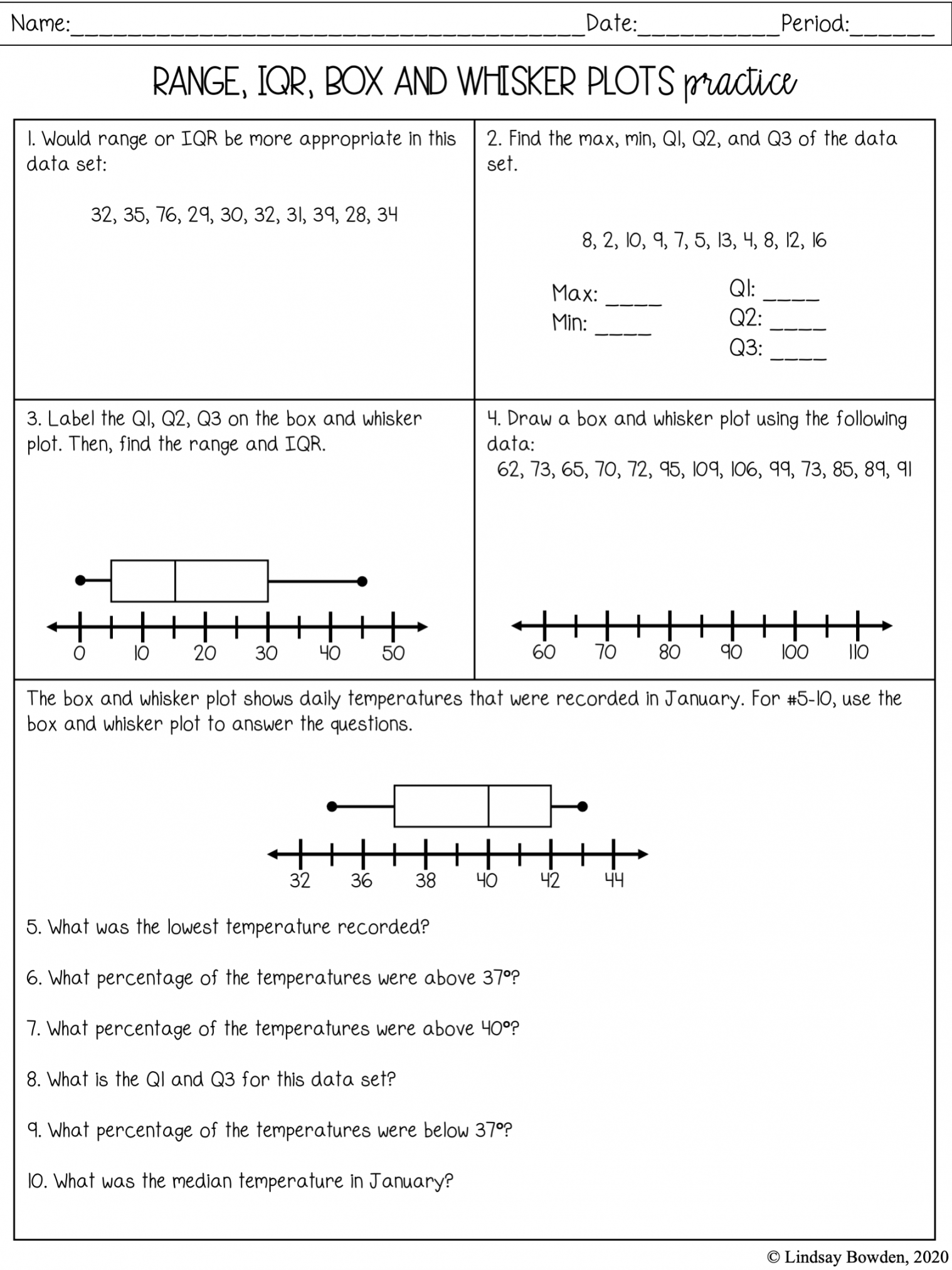 Box and Whisker Plots Notes and Worksheets - Lindsay Bowden