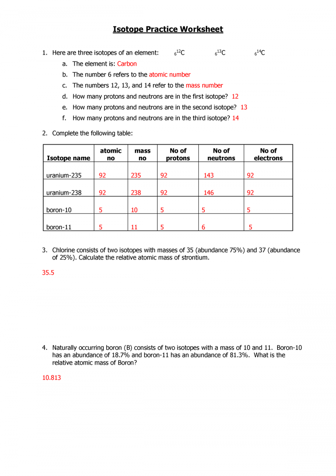 Chemistry-Bridging the Gap Answer - Isotope Practice Worksheet