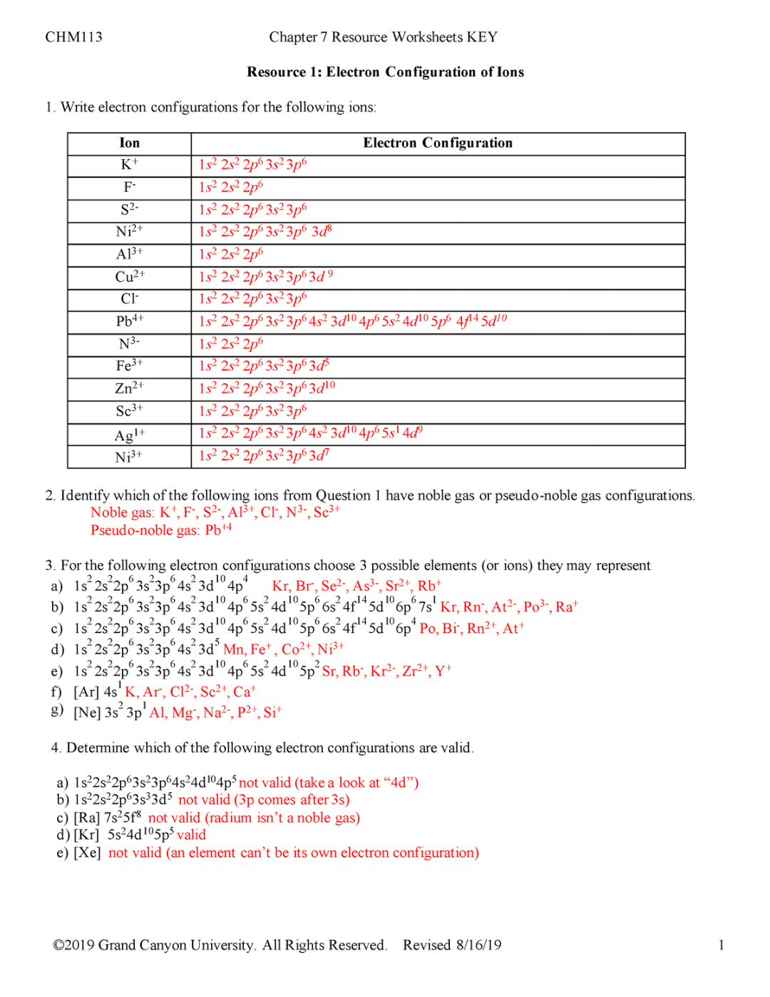 CHM T Ch Worksheets KEY - Resource : Electron Configuration