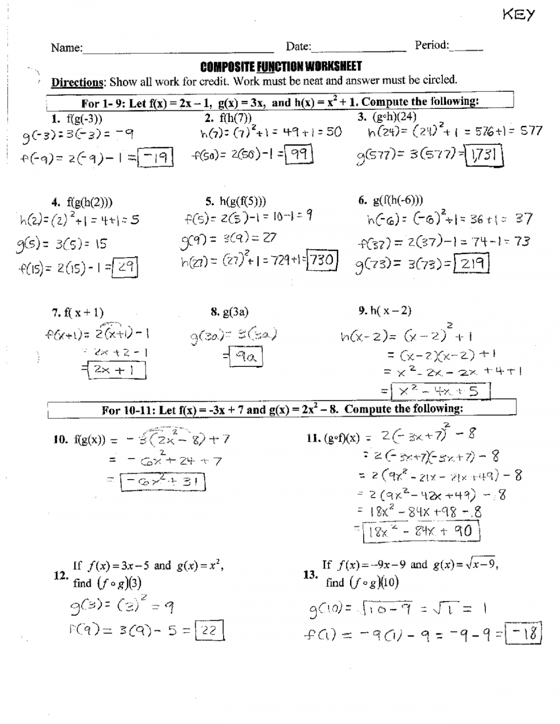 Composite Functions Worksheet with Answers  Exercises Algebra