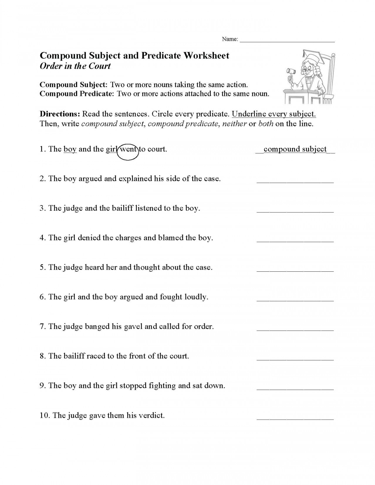 Compound Subject and Predicate Worksheet  Sentence Structure Activity