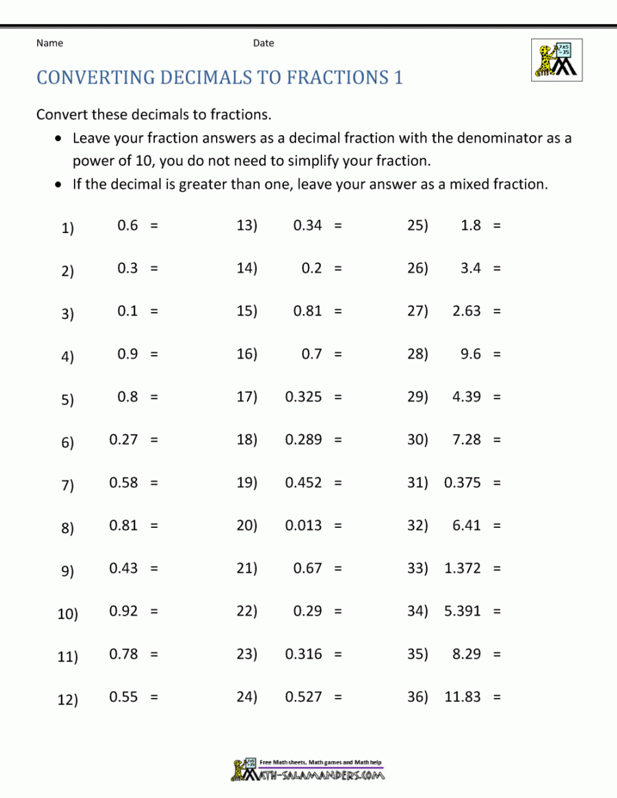 Converting Decimals to Fractions Worksheet