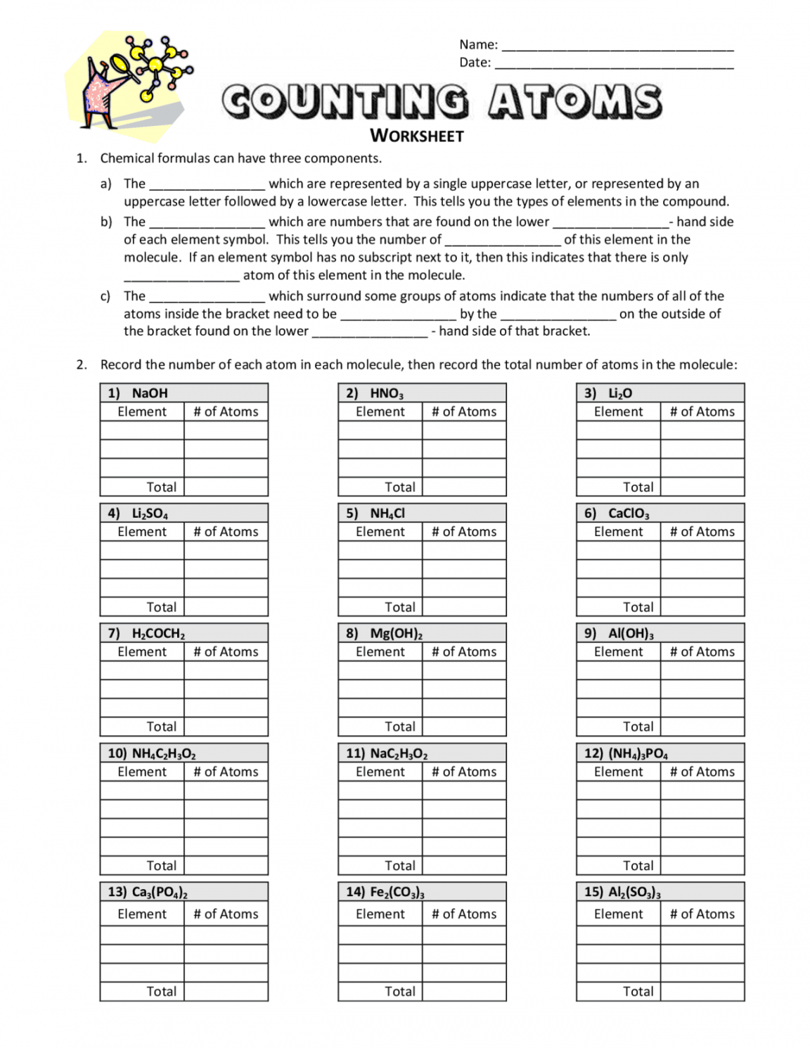 Counting Atoms worksheet  Study notes Chemistry  Docsity