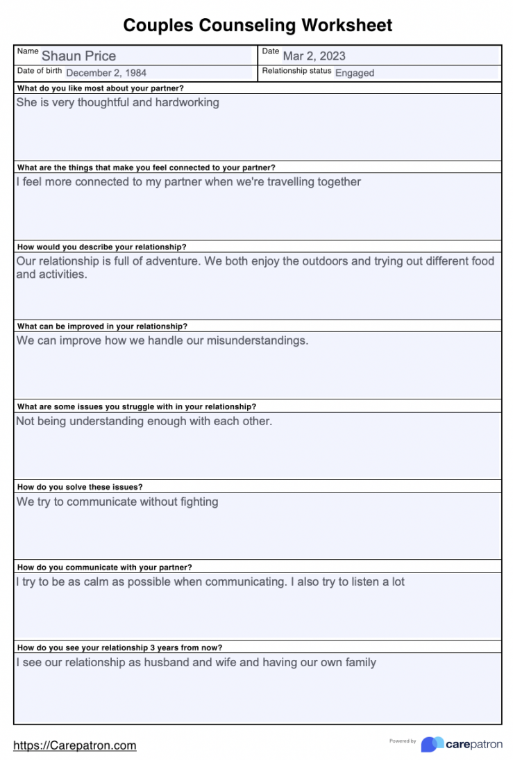 Couples Counseling Worksheets & Example  Free PDF Download