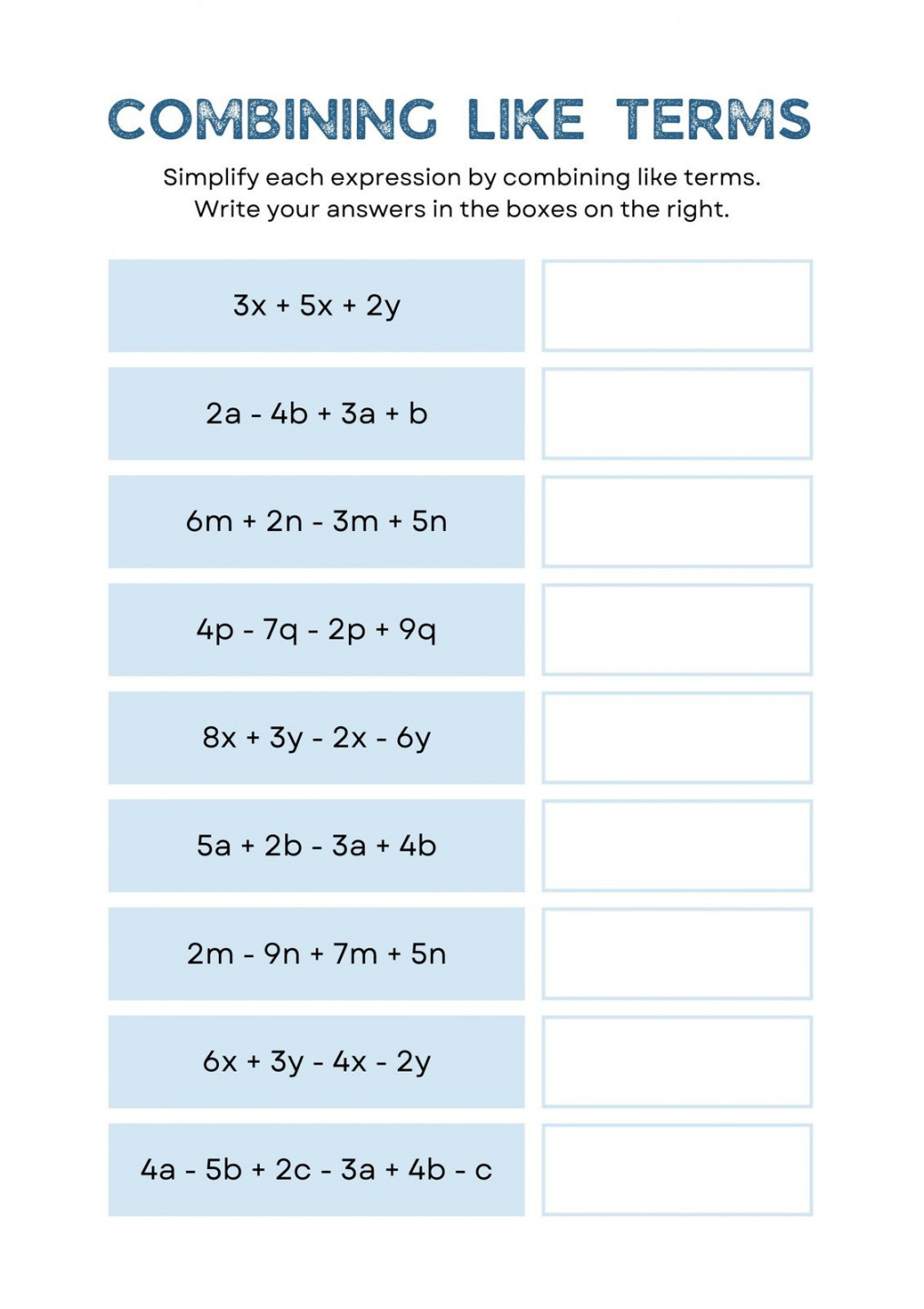 Customize + Combining Like Terms Worksheets Templates Online - Canva