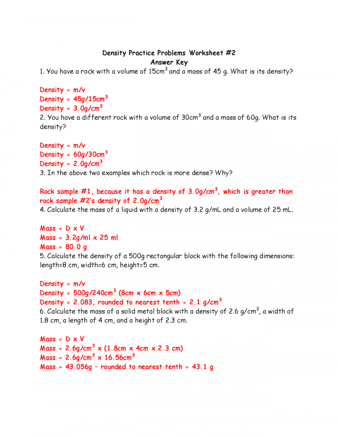 Density Practice Problems Worksheet # Answer Key  Study notes