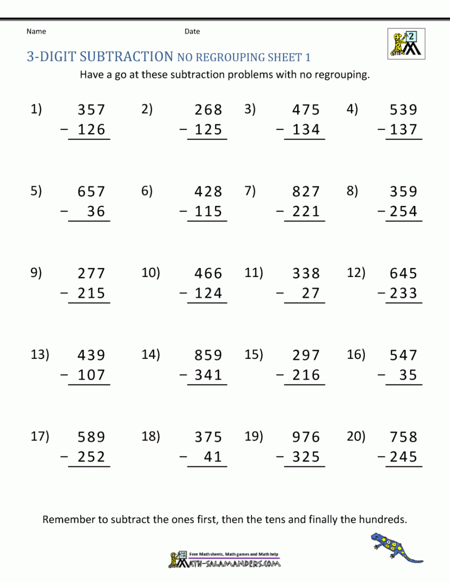 Digit Subtraction Worksheets