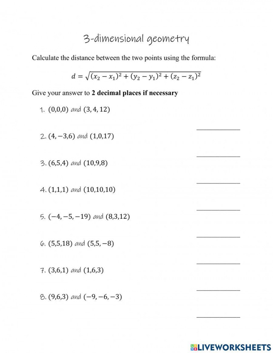 Distance between two points in -dimensions worksheet  Live