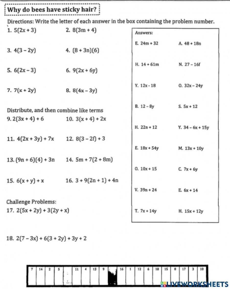 Distributive Property and Combining Like Terms worksheet  Live