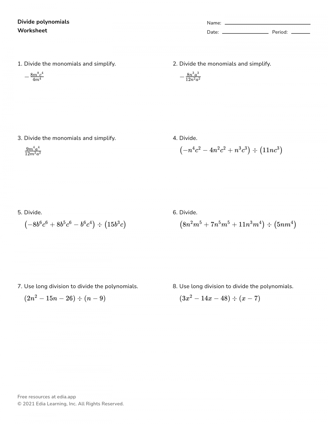 Divide Polynomials - Worksheet