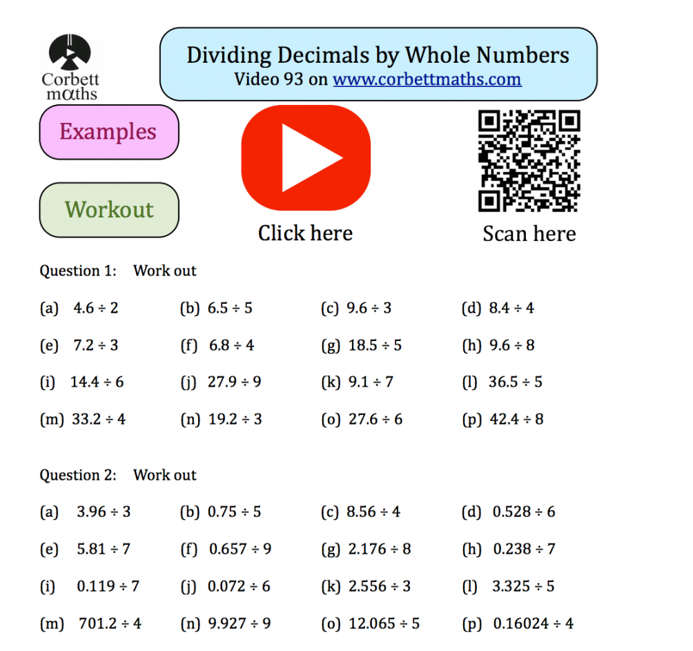 Dividing Decimals by Whole Numbers Textbook Exercise – Corbettmaths