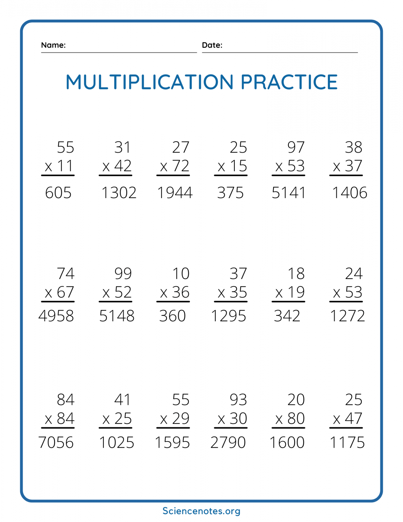 Double Digit Multiplication Worksheets