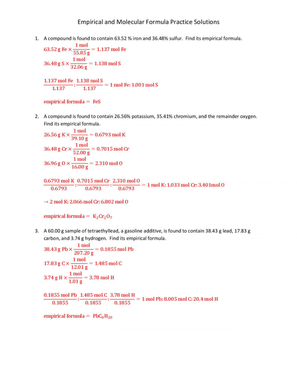 Empirical and Molecular Formula Practice Solutions  Exercises