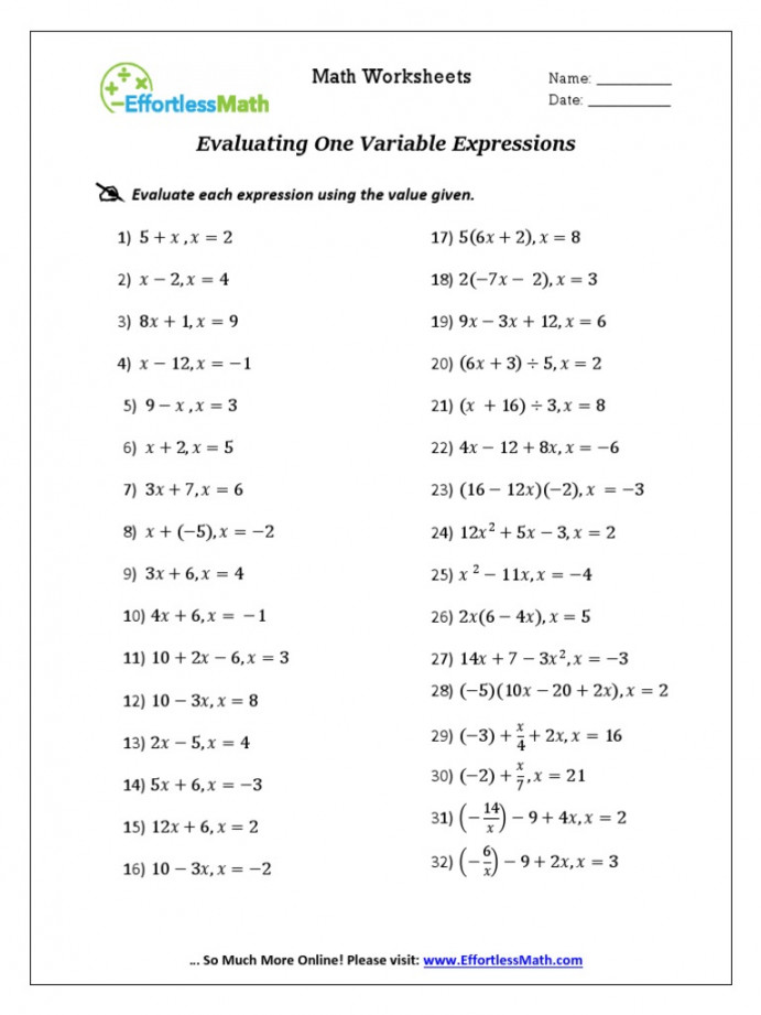 Evaluating One Variable Expressions: Evaluate Each Expression