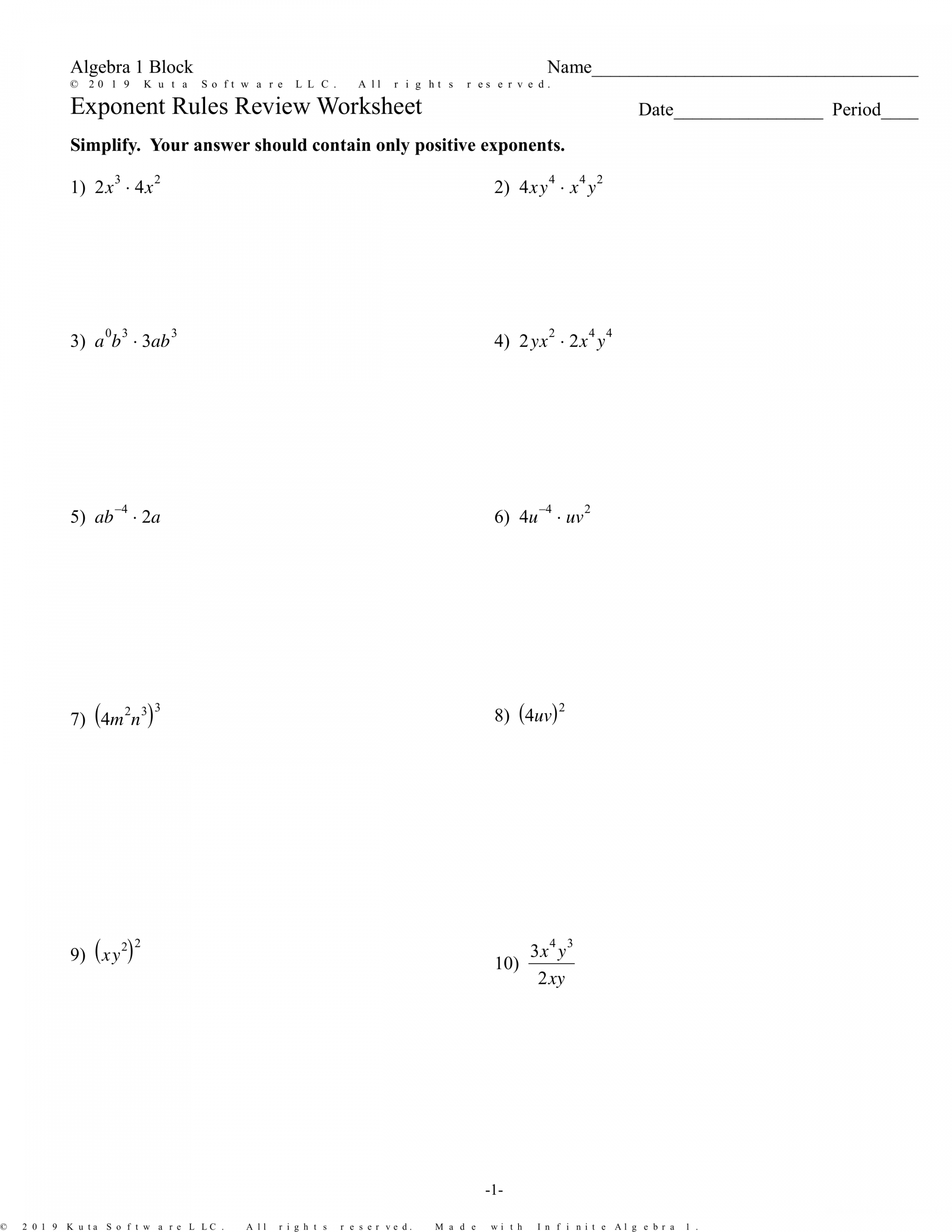 Exponent Rules Review Worksheet - Math Teachers  Library  Formative