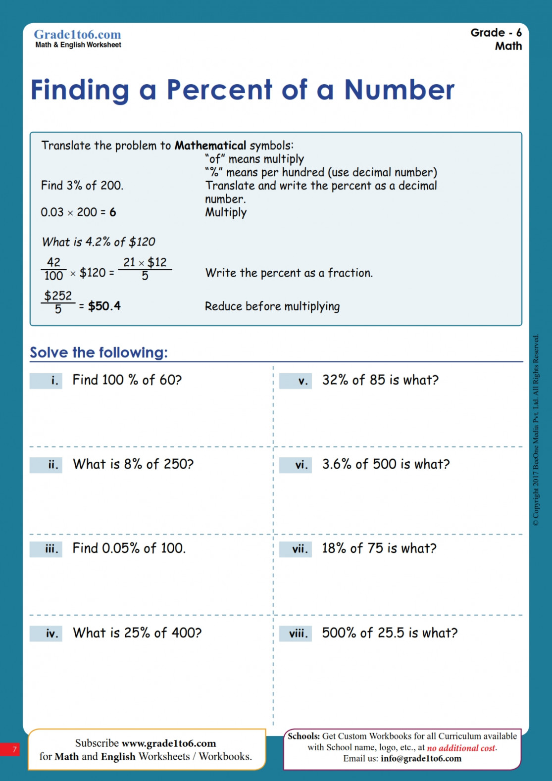 Finding Percentage of a Number Worksheet  Gradeto