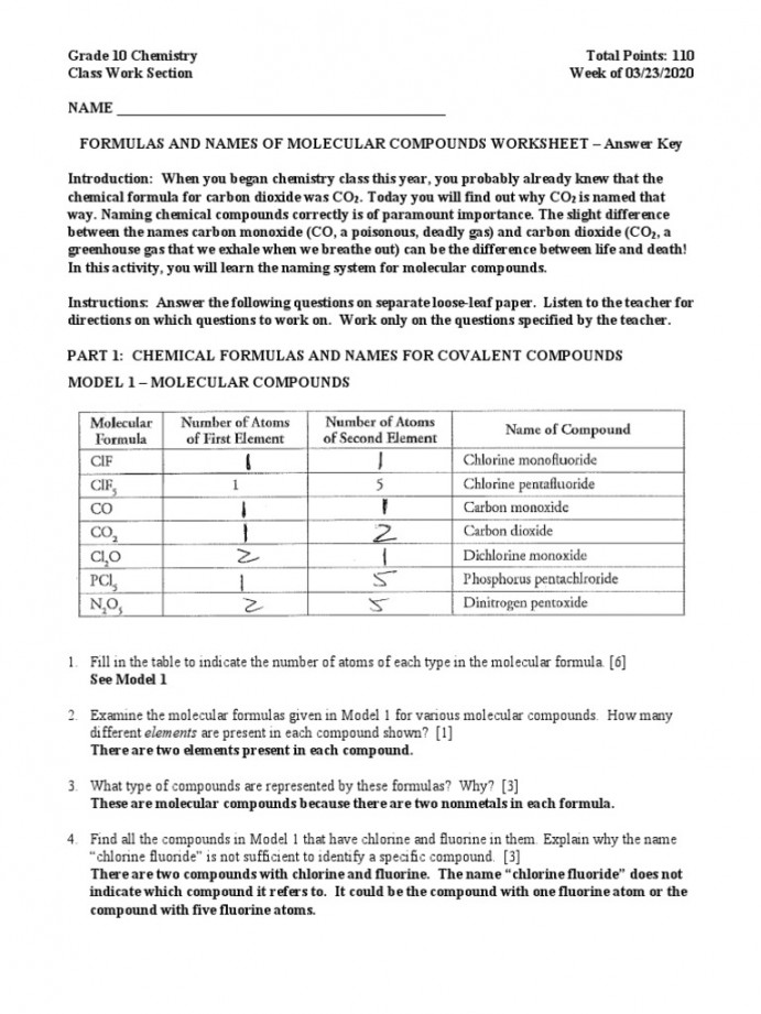 FORMULAS AND NAMES OF MOLECULAR COMPOUNDS WORKSHEET - Answer Key