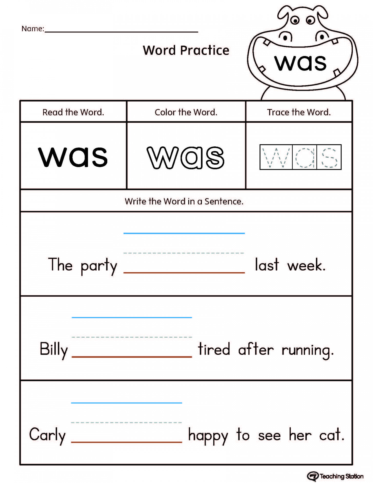 FREE* Build Sentences Using Sight Word: WAS  MyTeachingStation