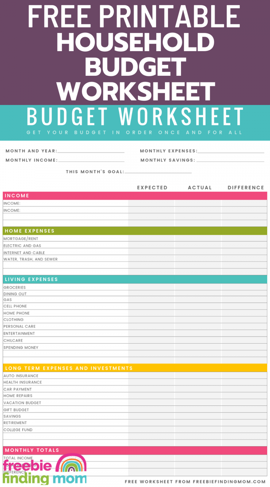 Free Household Budget Worksheet PDF Printable – Freebie Finding