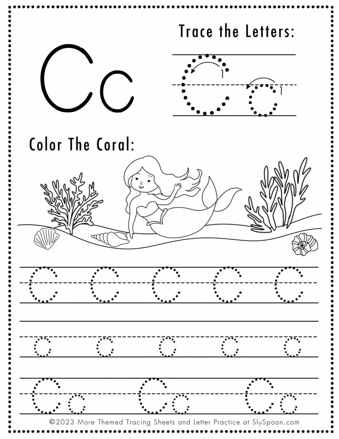 Free Letter C Tracing Worksheets (Printable) Mermaid Themed - Sly