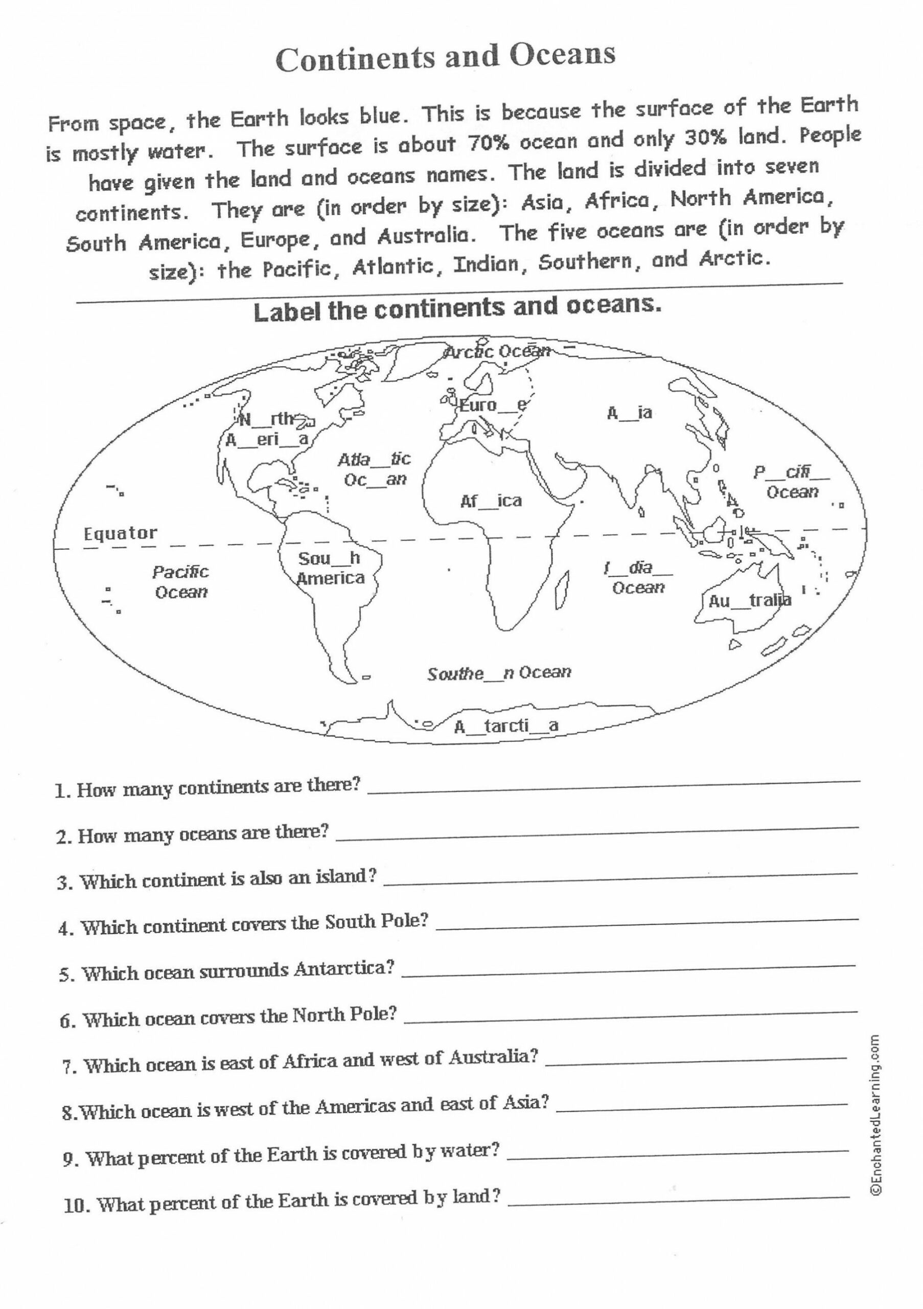 free printable worksheets on continents and oceans - Google Search