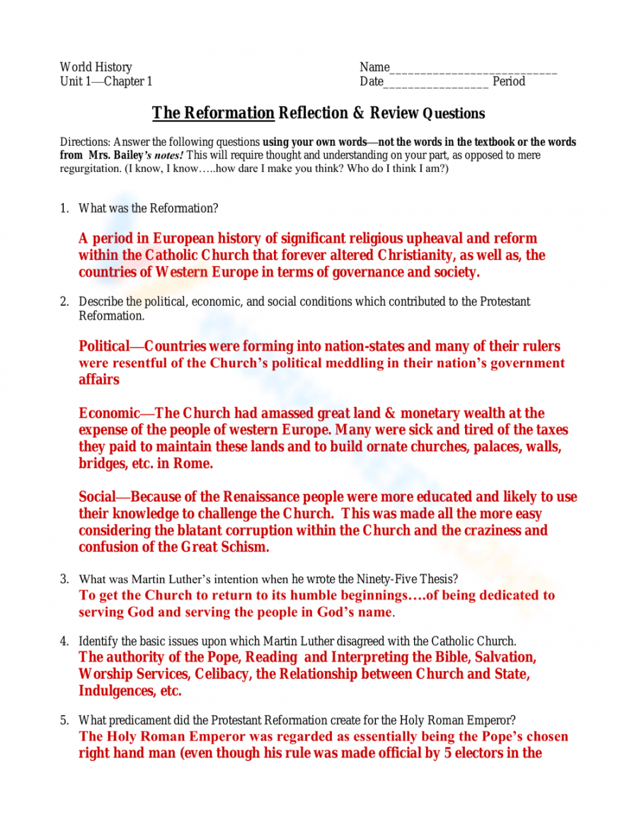 Free Responses and Effects of the Protestant Reformation Worksheet