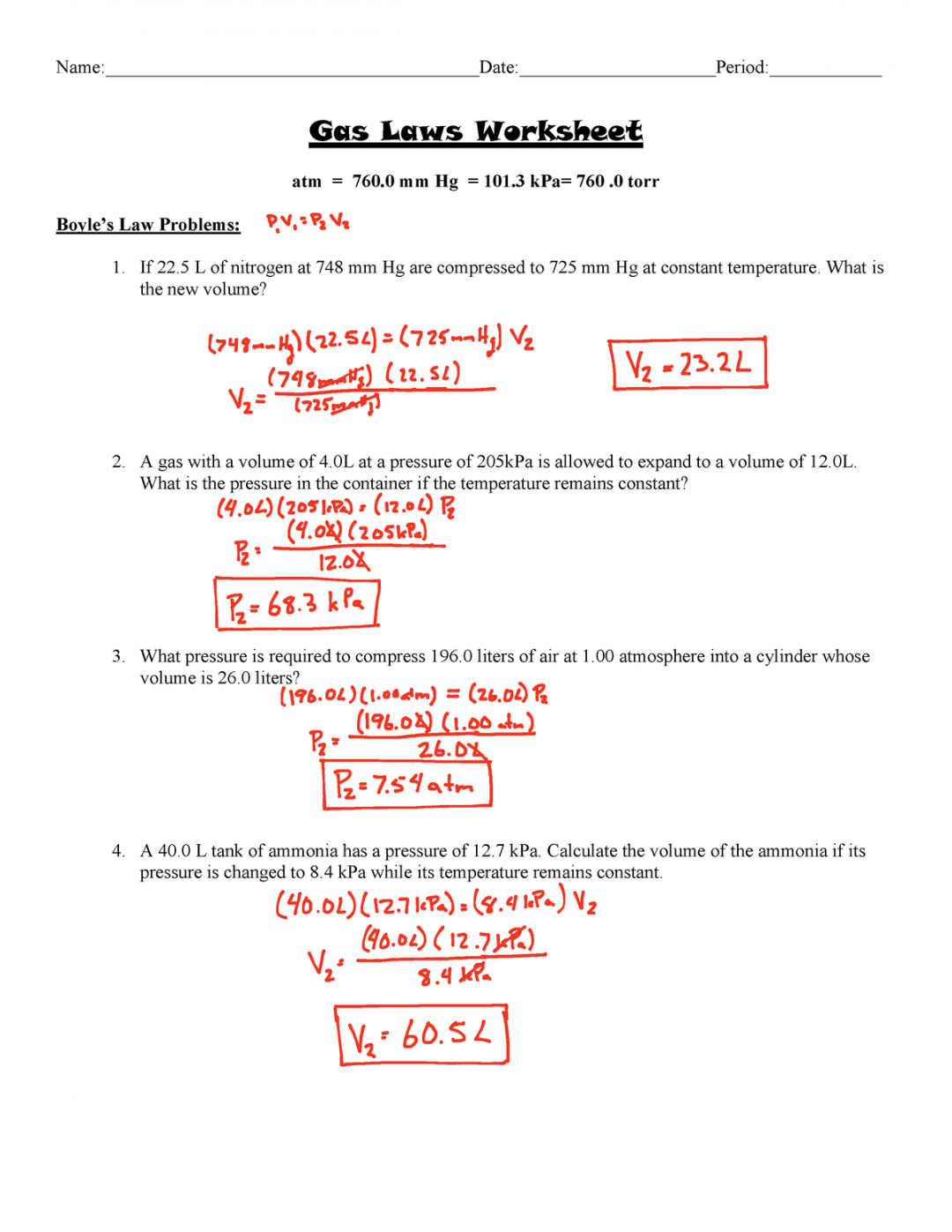 Gas Laws Worksheet answer key - Gas Laws Worksheet atm =  mm Hg