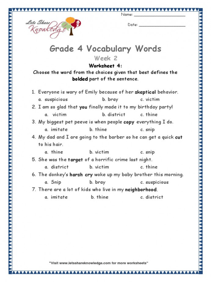 Grade  Vocabulary Week  Worksheet   PDF