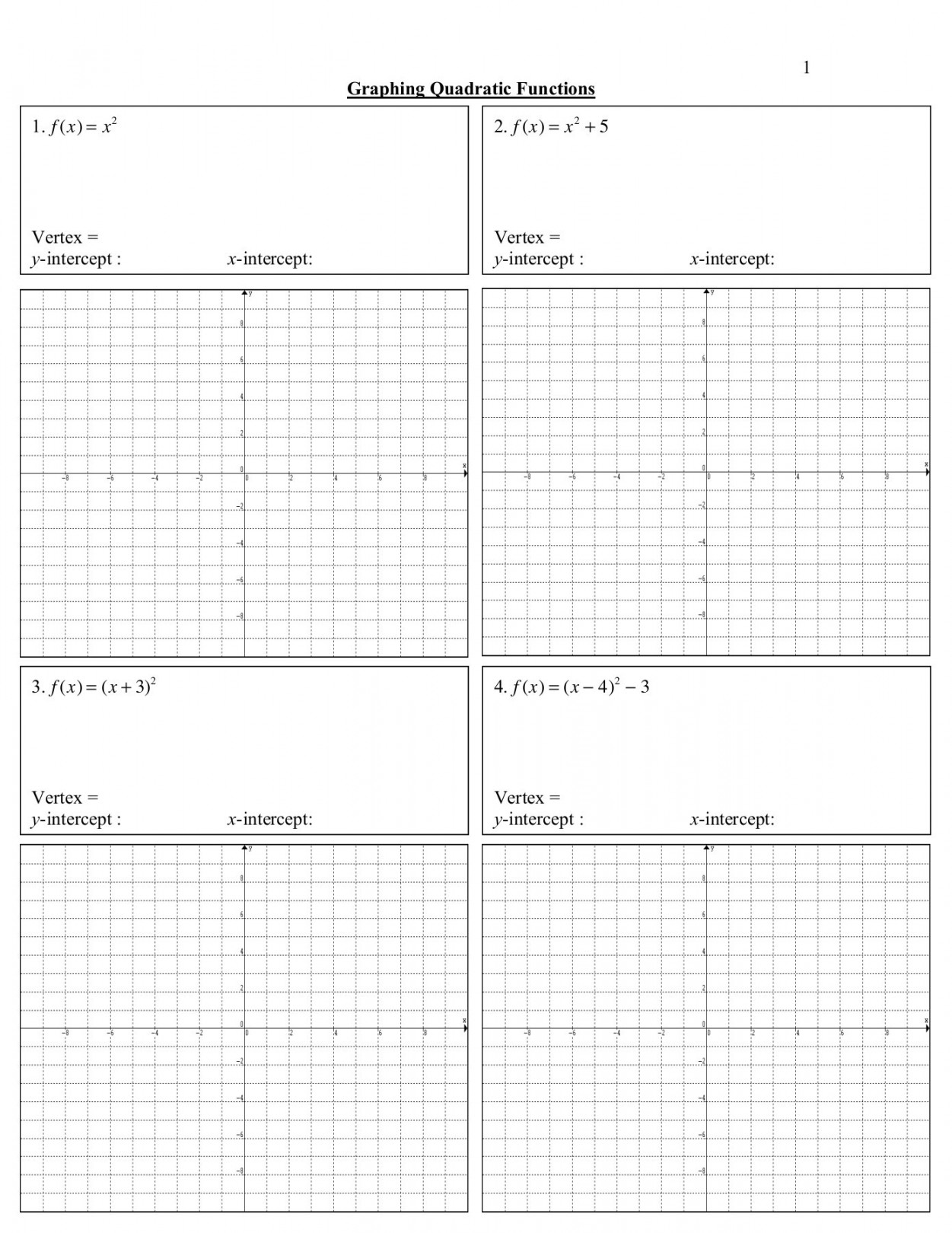 Graphing Quadratic Functions Worksheet