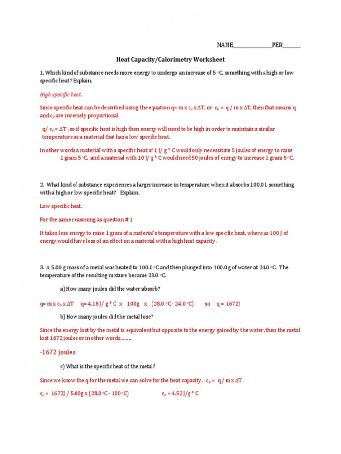 Heat Capacity - Calorimetry Worksheet Answers  PDF  Heat  Heat