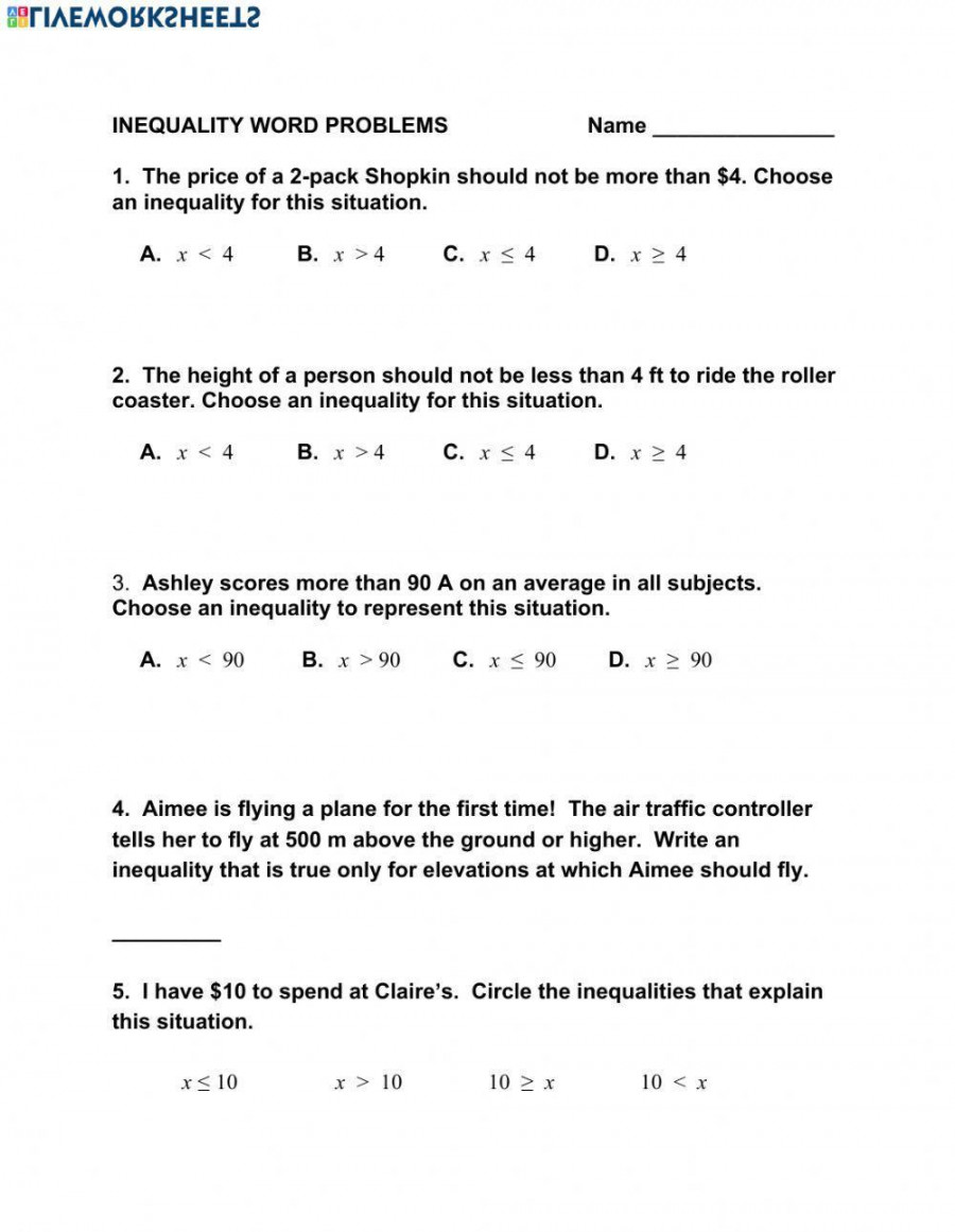 Inequality Word Problems worksheet  Live Worksheets