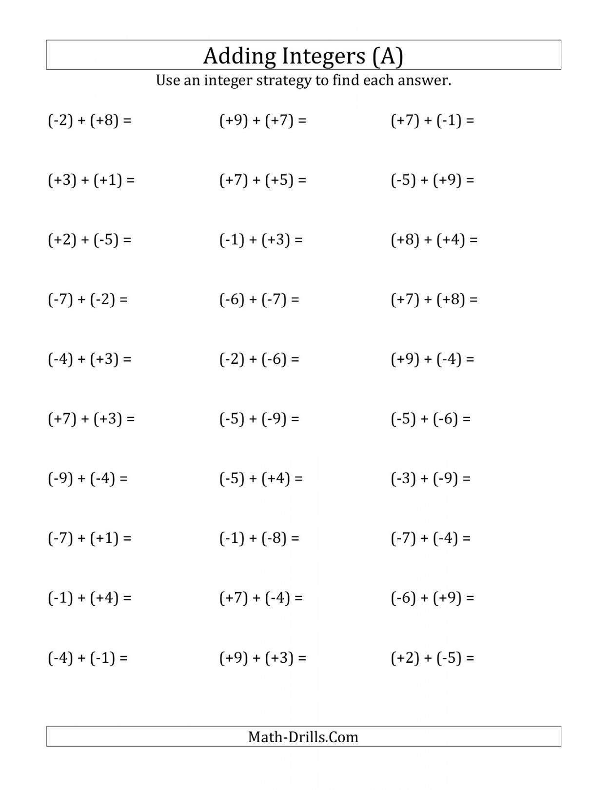 Integers Worksheet -- Adding Integers from (-) to (+) (All