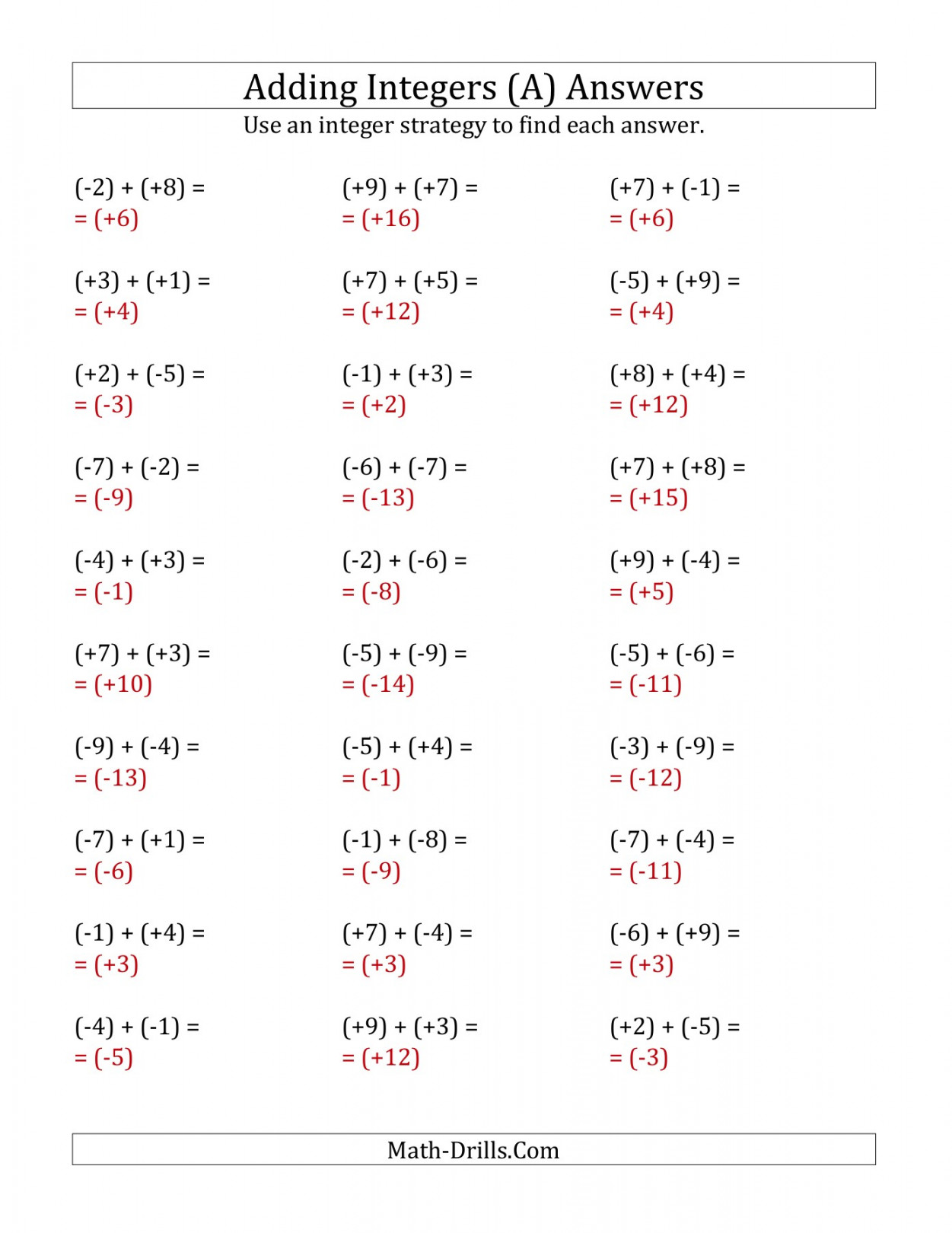 Integers Worksheet -- Adding Integers from (-) to (+) (All