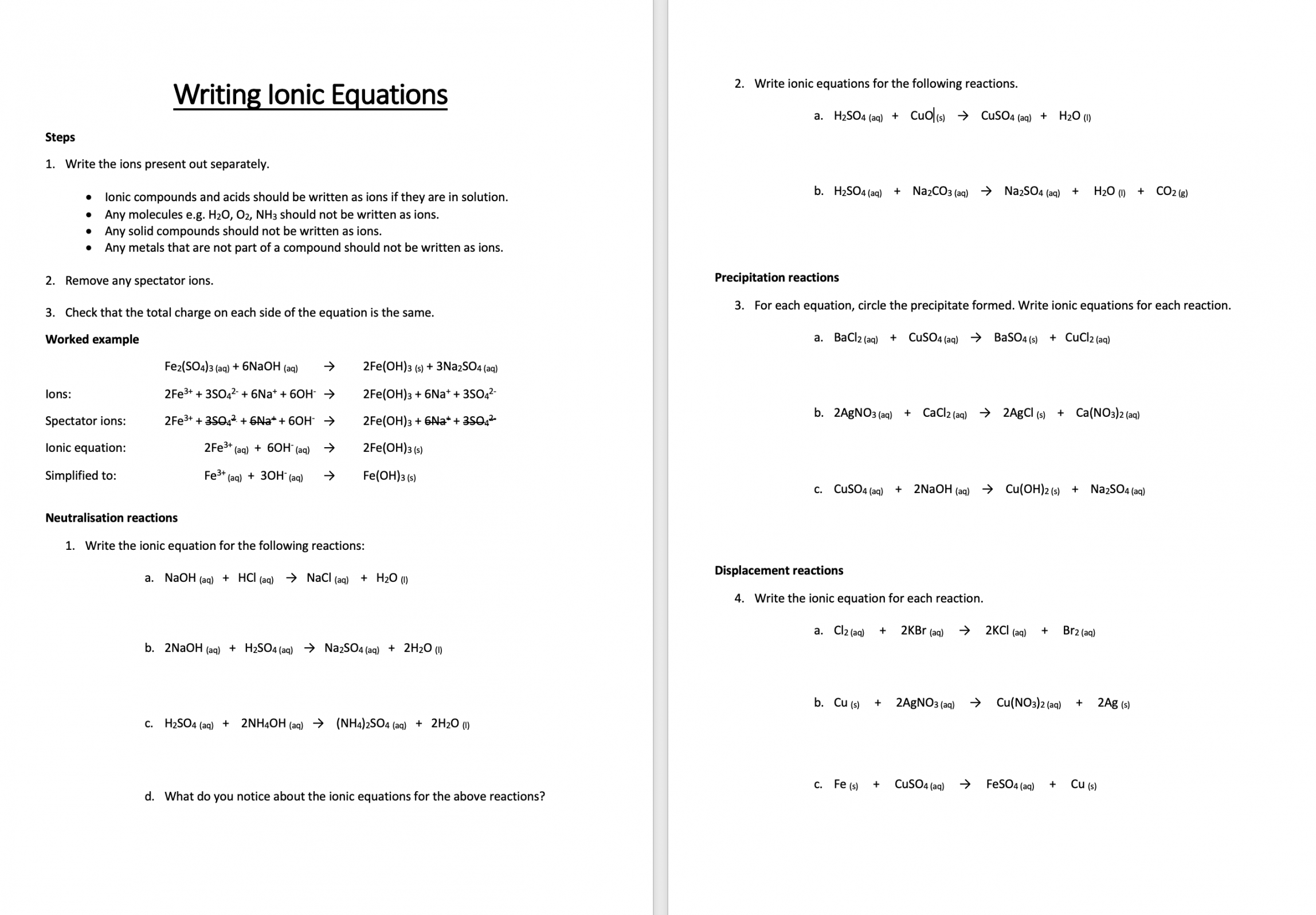 Ionic Equations Worksheet  Teaching Resources