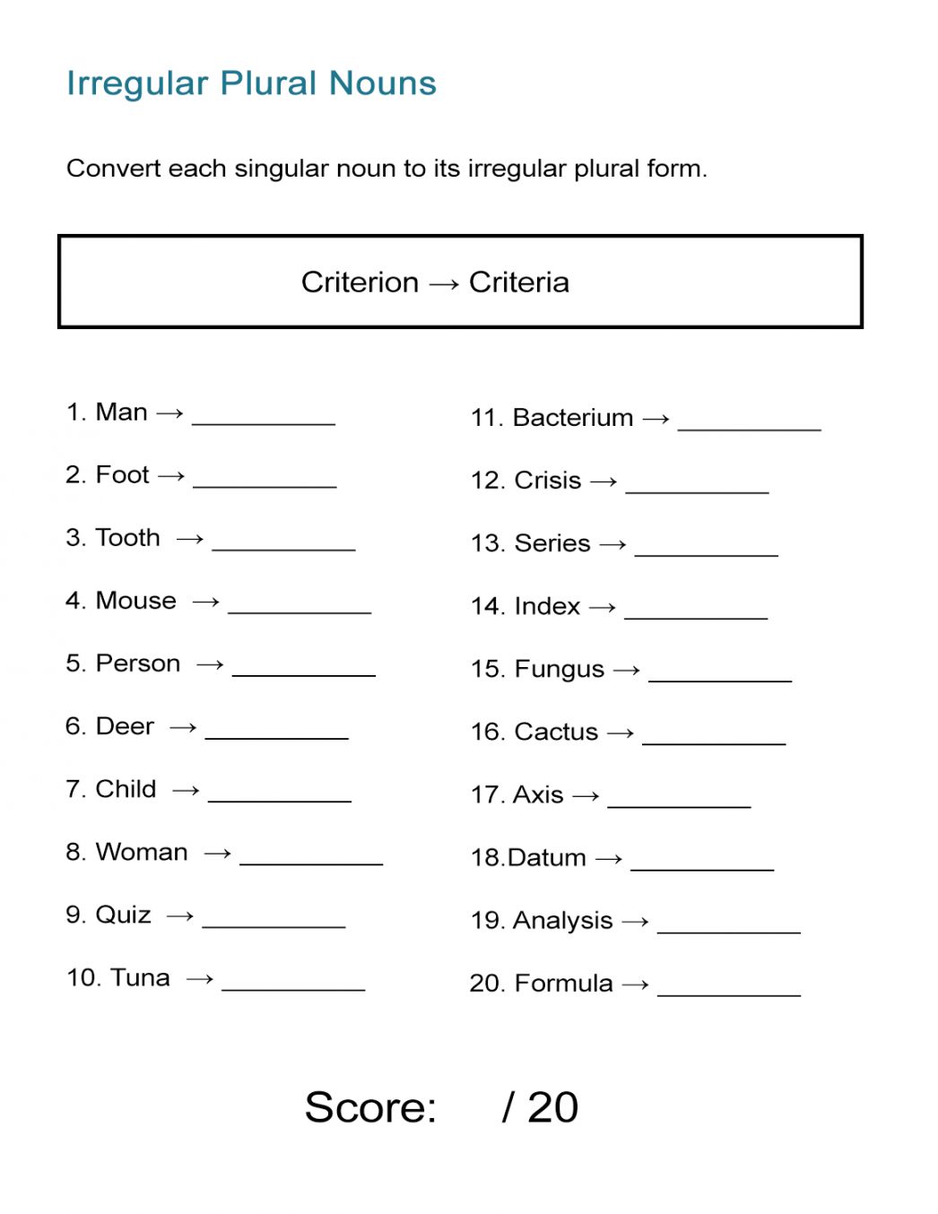 Irregular Plural Nouns Worksheet - ALL ESL