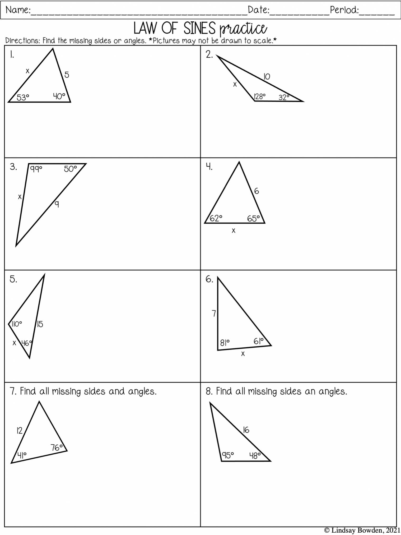 Law of Sines and Cosines Notes and Worksheets - Lindsay Bowden