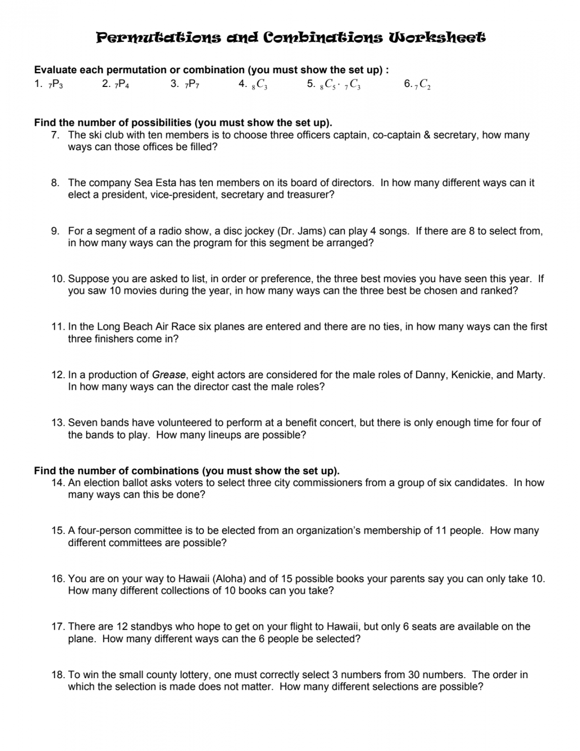 Leaf - Permutations and Combinations Worksheet with Answers