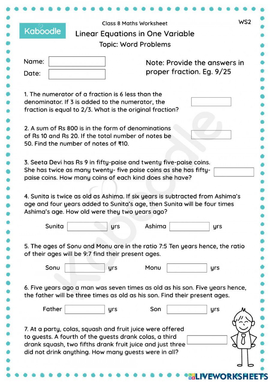 Linear Equations in One Variable (Word Problems) interactive