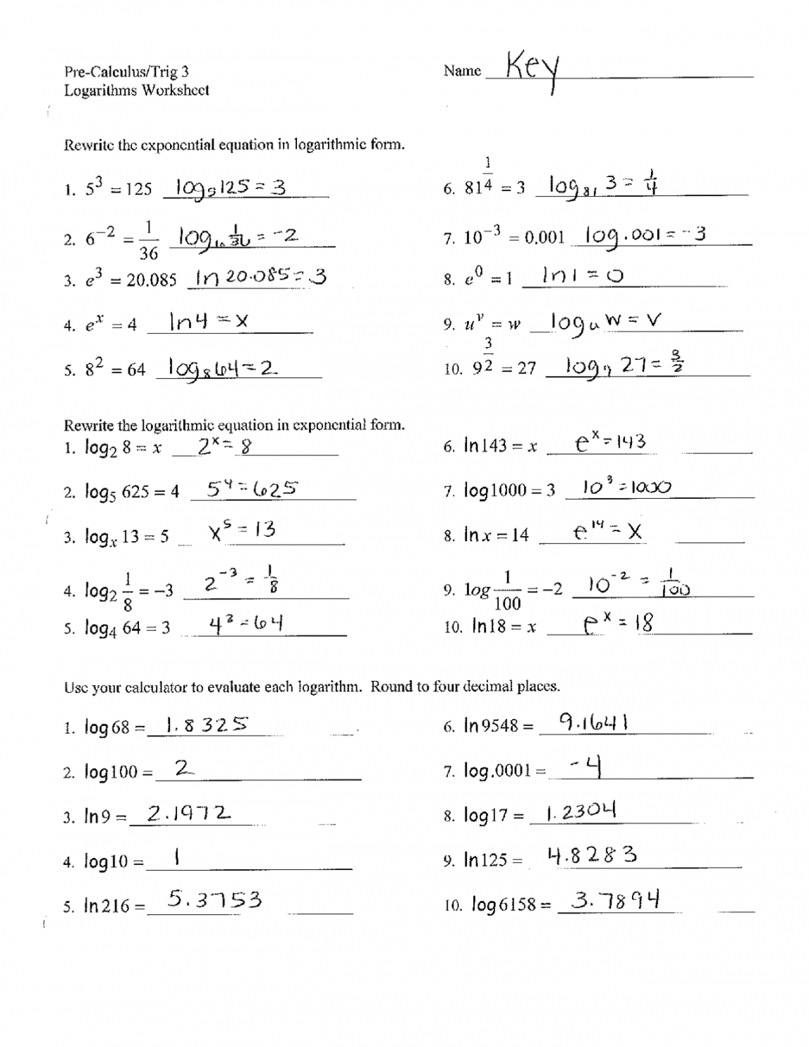 Logarithmic Worksheet Answers - Trigonometry   Exercises