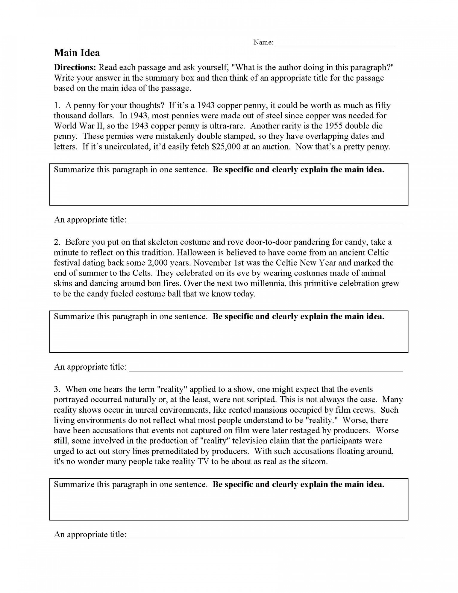 Main Idea Worksheets  Ereading Worksheets